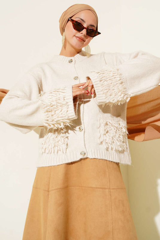 Knitted Cardigan with Tasseled Button Details, Beige