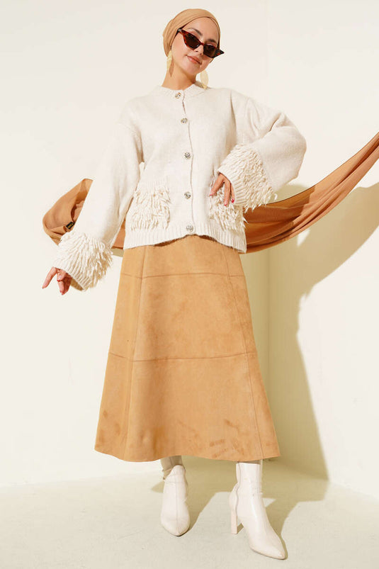 Knitted Cardigan with Tasseled Button Details, Beige