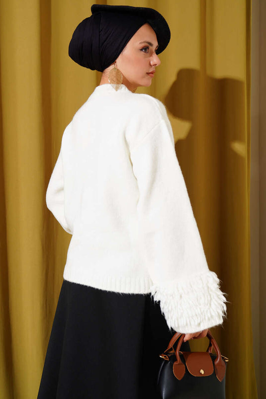 Knitted Cardigan with Tasseled Button Details, Ecru