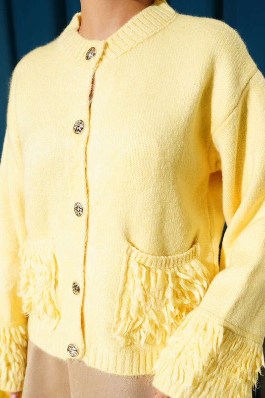 Tasseled Button Detailed Knitwear Cardigan Yellow