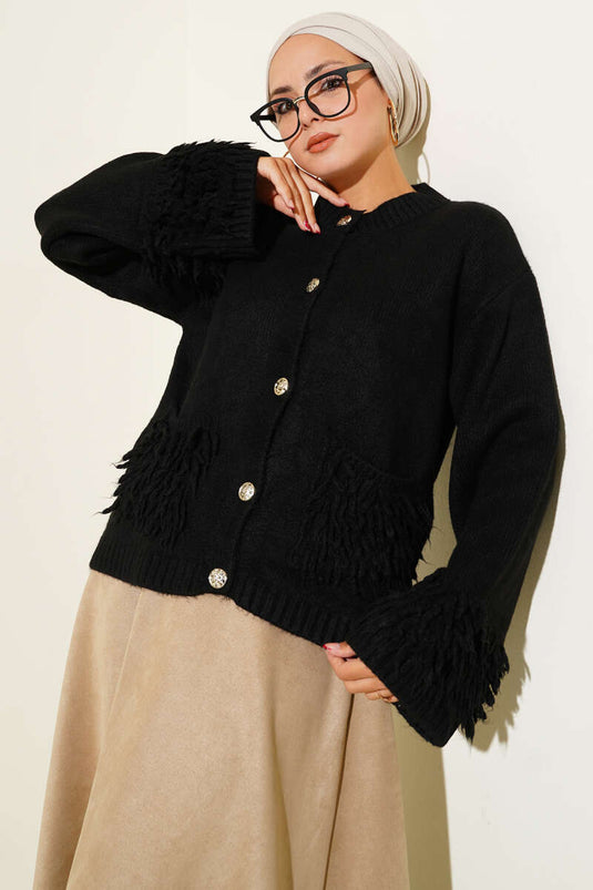 Püsküllü Düğme Detaylı Triko Hırka Siyah