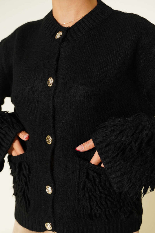 Püsküllü Düğme Detaylı Triko Hırka Siyah