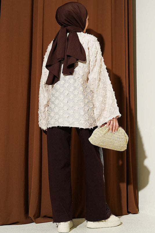Kimono beige à pompons et volants avec lien en corde