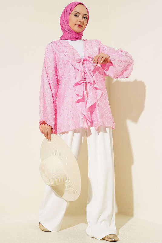 Kimono rose à pompons et volants avec lien en corde