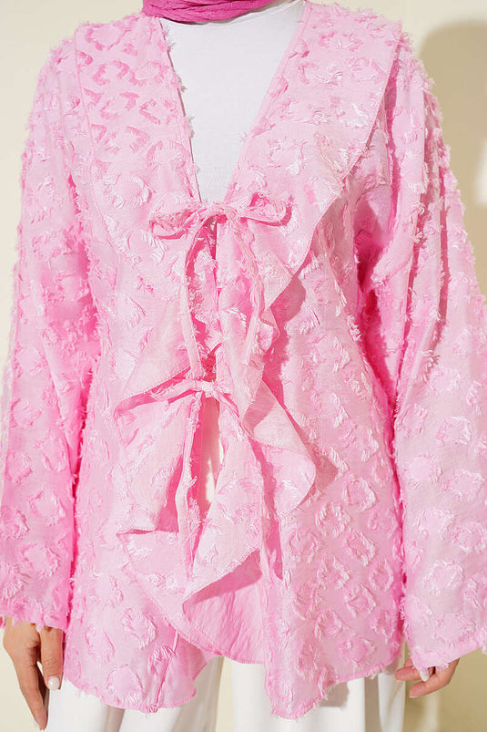 Kimono rose à pompons et volants avec lien en corde