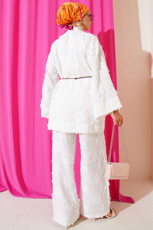 Tasseled Rope Belted Two Piece Suit White