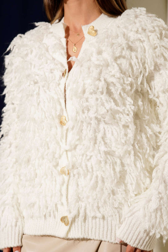 Püsküllü Kalp Düğmeli Hırka Ekru