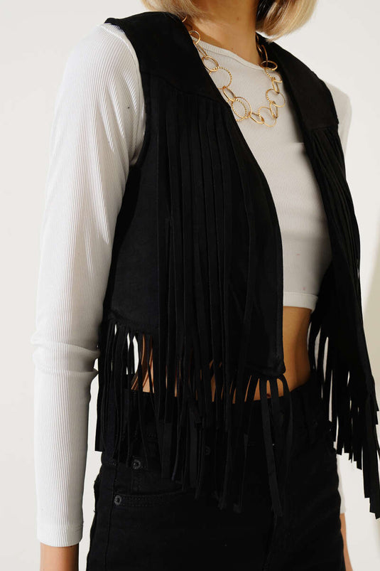 Tasseled Short Suede Vest Black