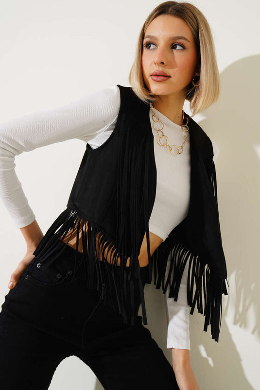 Tasseled Short Suede Vest Black