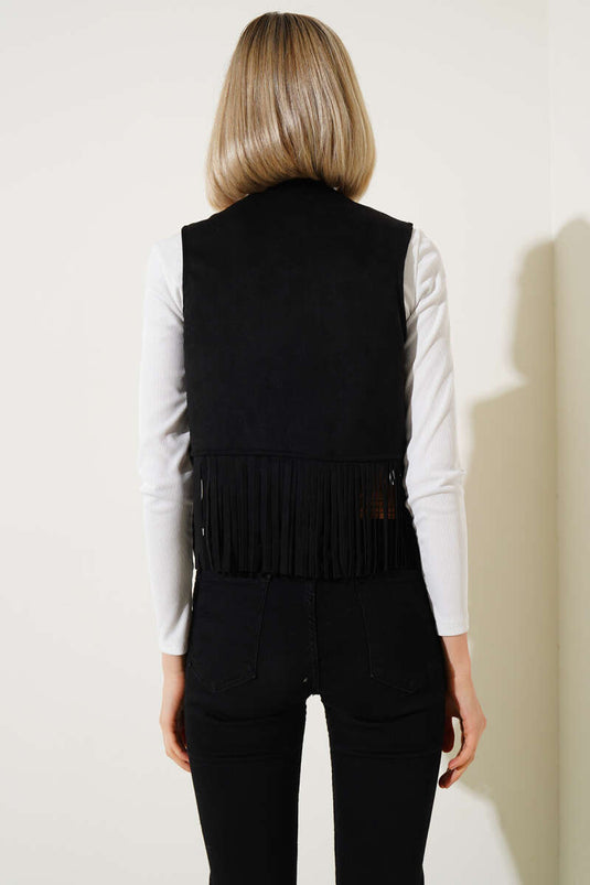 Tasseled Short Suede Vest Black