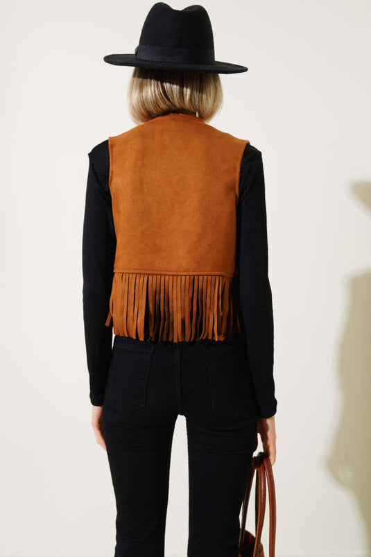 Tasseled Short Suede Vest in Tan