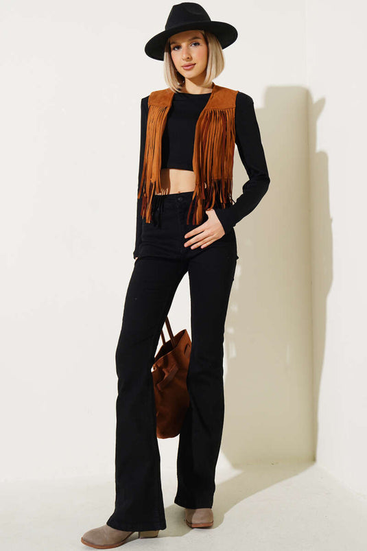 Tasseled Short Suede Vest in Tan