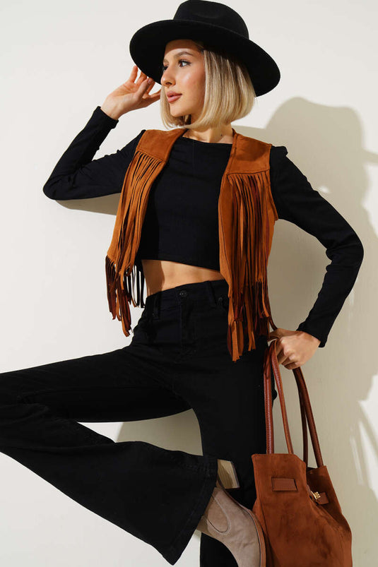 Tasseled Short Suede Vest in Tan