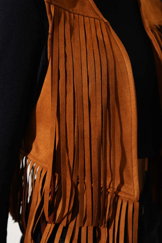 Tasseled Short Suede Vest in Tan