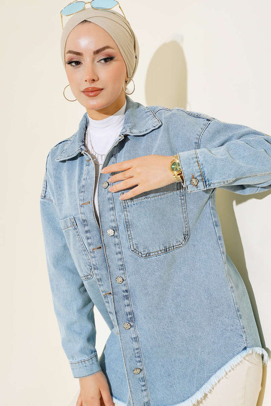 Veste En Jean à Pompons Bleu Denim