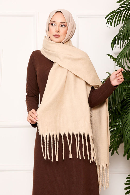 Châle à pompons beige