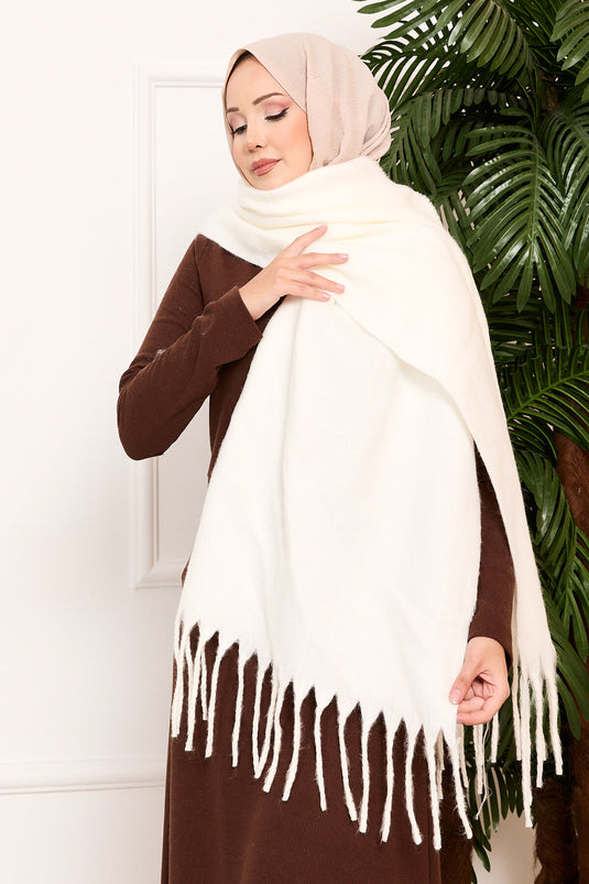 Tasselled Shoulder Shawl Ecru