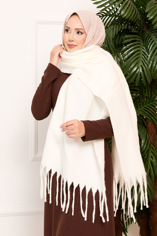 Tasselled Shoulder Shawl Ecru