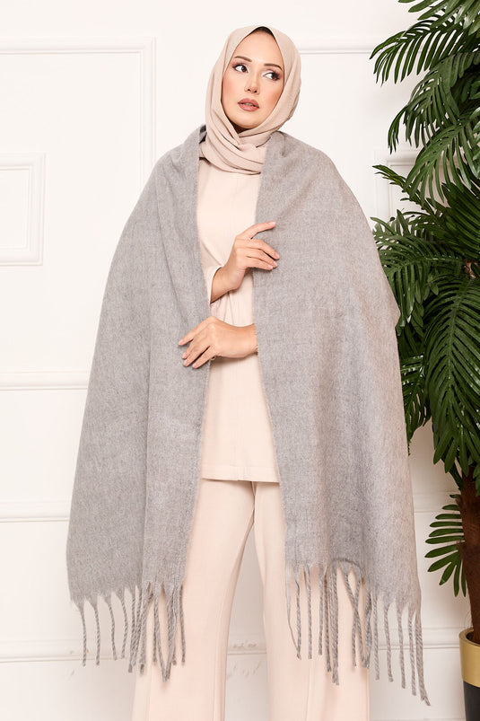 Püsküllü Omuz Şalı Gri