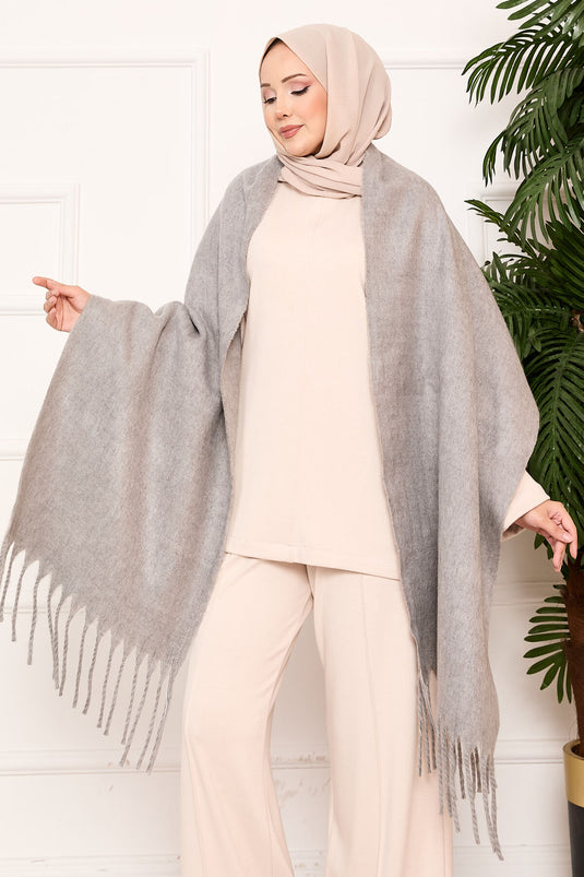 Püsküllü Omuz Şalı Gri