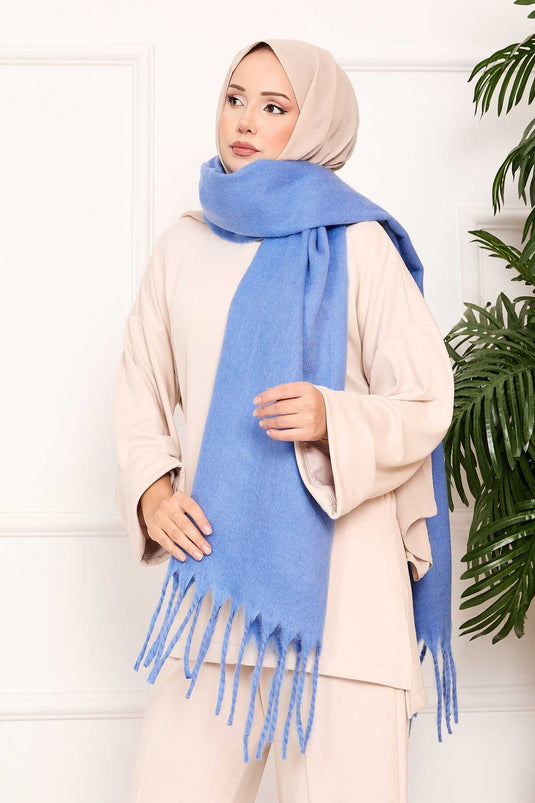 Châle à pompons indigo