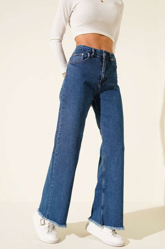 Fringed Hem Denim Trousers Medium Blue
