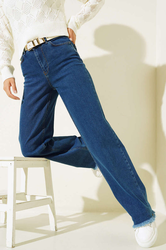 Pantalon Palazzo À Pompons Bleu Denim