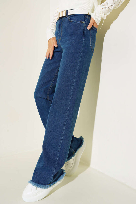 Fringed Palazzo Pants Denim Blue