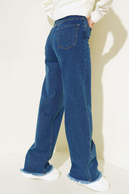 Pantalon Palazzo À Pompons Bleu Denim