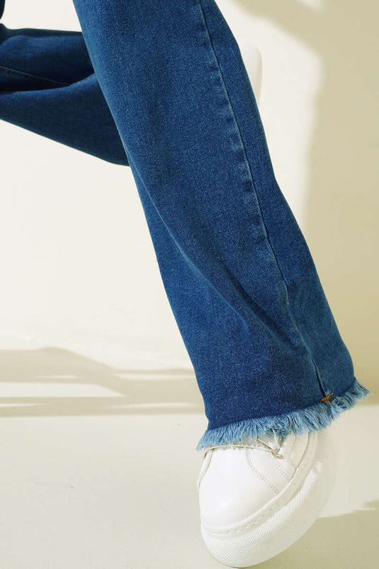 Fringed Palazzo Pants Denim Blue