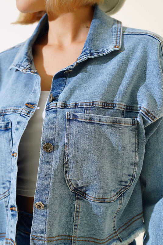 Veste En Jean Courte Décontractée À Pompons Bleu Moyen