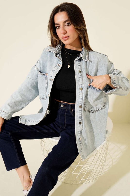 Tasselled Loose Denim Jacket Light Snow