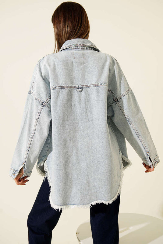 Tasselled Loose Denim Jacket Light Snow