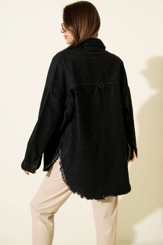 Fringed Loose Denim Jacket Black