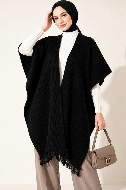 Écharpe À Épaules En Tricot Noir À Franges