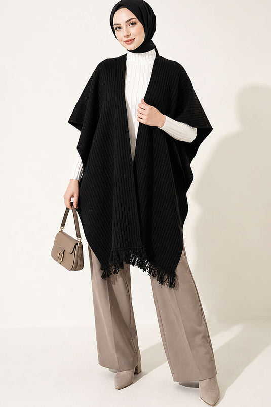 Écharpe À Épaules En Tricot Noir À Franges