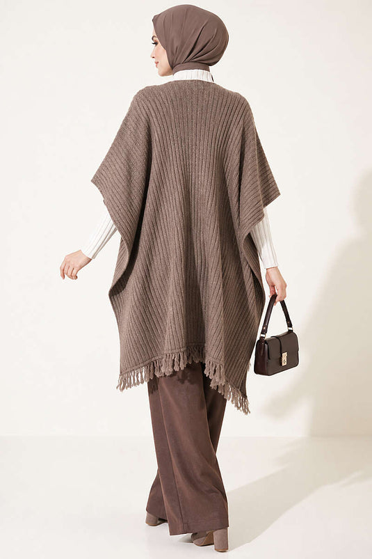 Écharpe À Épaules En Tricot Avec Franges, Mink