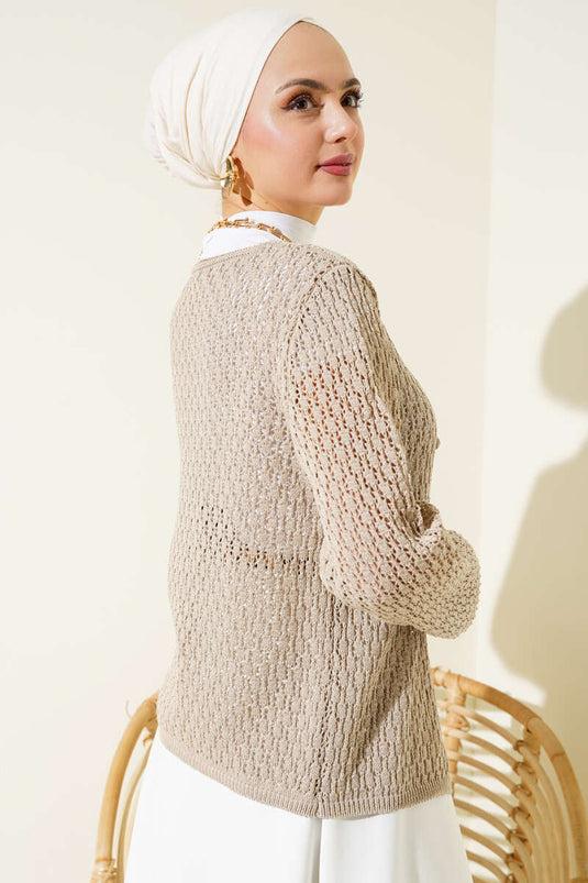 Cardigan court en maille ajourée à lacets beige