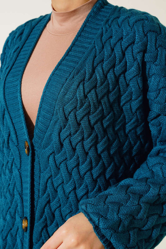 Cardigan long en maille panier avec boutons sur toute la longueur Pétrole