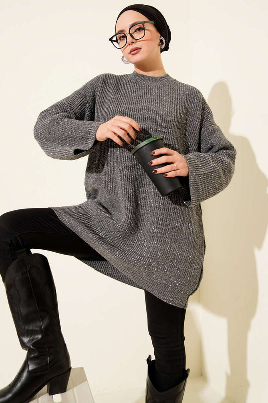 Tunica ampia in maglia glitterata con scollo rotondo, grigio fumo