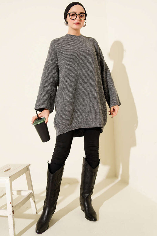 تونيك فضفاض بياقة دائرية مزين بالترتر، رمادي دخاني