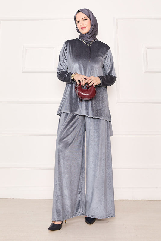 Comfortable Velvet Two Piece Suit Gray