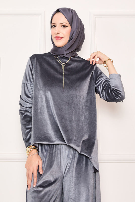 Comfortable Velvet Two Piece Suit Gray