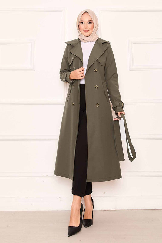 Trench-coat confortable à double boutonnage et manches réglables, kaki
