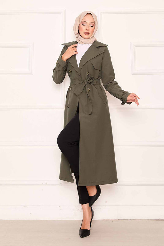 Trench-coat confortable à double boutonnage et manches réglables, kaki