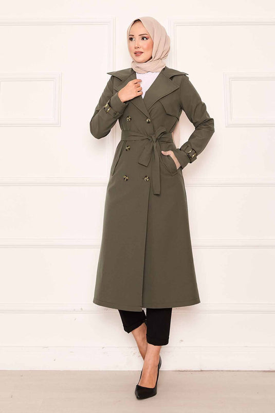 Trench-coat confortable à double boutonnage et manches réglables, kaki
