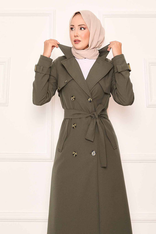 Trench-coat confortable à double boutonnage et manches réglables, kaki