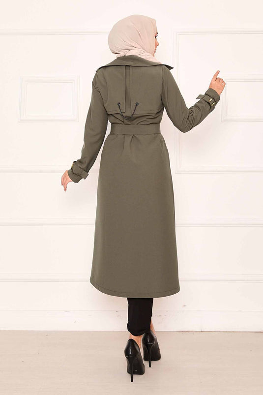 Trench-coat confortable à double boutonnage et manches réglables, kaki
