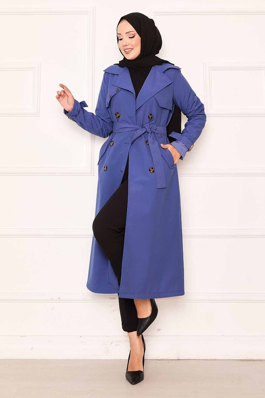 Trench-coat confortable à double boutonnage et manches ajustables en indigo