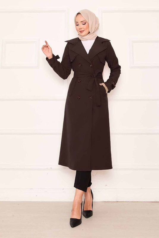 Trench-coat confortable à double boutonnage et manches ajustables, marron